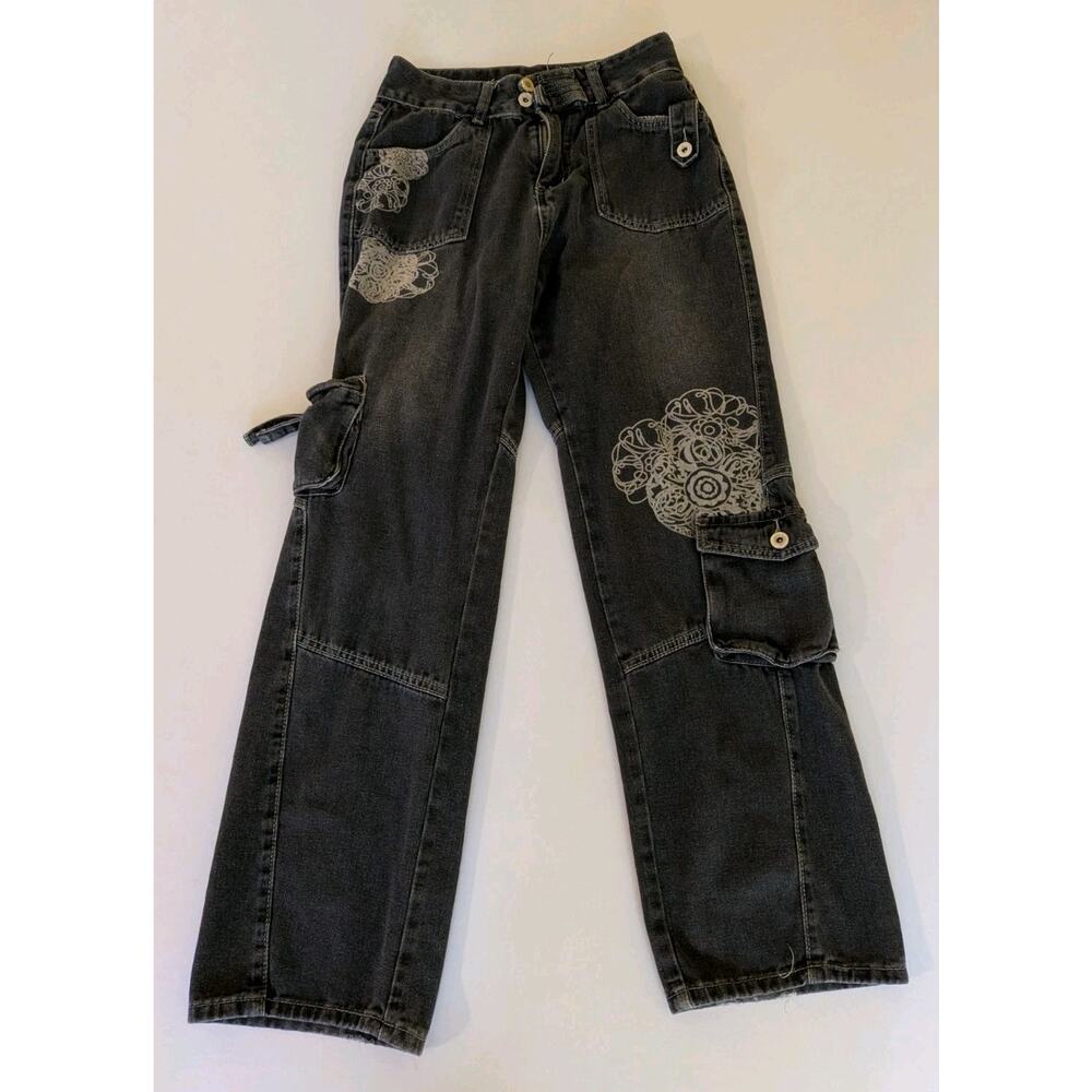 Jeans Small Black Cargo Jeans Wide Leg Floral Print Y2K 90s
